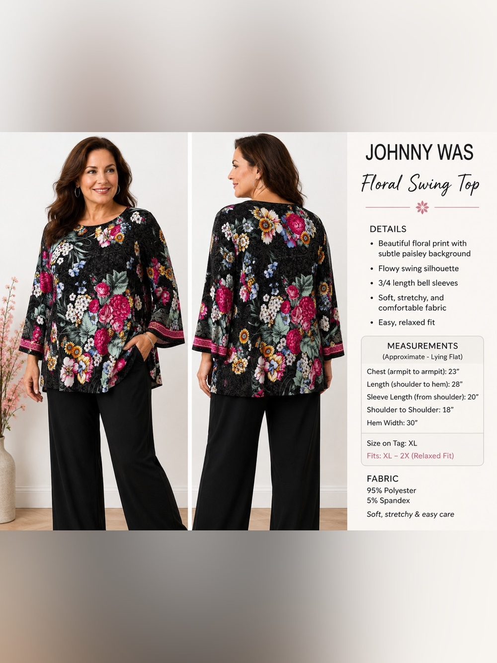 Johnny Was Black Floral Swing Tunic with Pink and Yellow Blooms